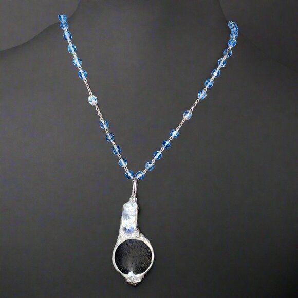 Natural Blue Opal & Magnifying Glass Silver Blend  Glass Beaded Artisan Necklace - Picture 3 of 12